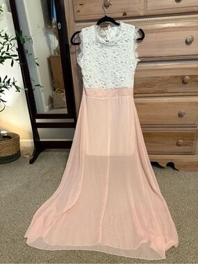 Sleeveless Lace Top Pink Chiffon Maxi Dress